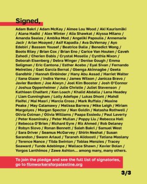 Melissa Barrera Instagram - 📢🚨 Breaking! Film workers across the globe are answering the call of our Palestinian colleagues, who urge the international film industry to “do everything humanly possible” to end our complicity in Israel’s genocide in Gaza. 🇵🇸

⭐️ Already, more than 1,200 filmmakers, actors, and film industry workers have signed, including Adam McKay, Asif Kapadia, Ava DuVernay, Ayo Edebiri, Boots Riley, Cynthia Nixon, Debra Winger, Emma Seligman, Gael García Bernal, Hannah Einbinder, Ilana Glazer, Javier Bardem, Josh O'Connor, Joshua Oppenheimer, Lukas Dhont, Mark Ruffalo, Melissa Barrera, Morgan Spector, Olivia Colman, Riz Ahmed, Susan Sarandon, Tilda Swinton and Yorgos Lanthimos.

The film workers pledge signals a watershed moment in the film industry for Palestinian rights. We reject silence in the face of genocide and apartheid. And we reject racism, bigotry, bullying and dehumanization.

👉 Film workers: Join the call. Click through the link in our bio to sign the pledge.