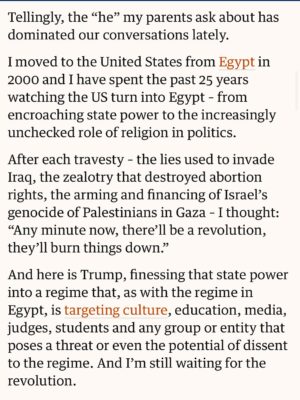 Mona Eltahawy Instagram - My new oped.
I moved to the United States from Egypt in 2000 and I have spent the past 25 years watching the US turn into Egypt
But no one is under any illusion that Egypt's dictator was freely and fairly elected. 77 million people freely and fairly elected Trump.
For as long as I could read newspapers, Iāve heard that Arabs love strongmen dictators: from Hosni Mubarak to Saddam Hussein to Muammar Gaddaf. None of them freely or fairly elected. 77 million people in the U.S. freely and fairly ejected Donald Trump. Who loves the strongman dictator?