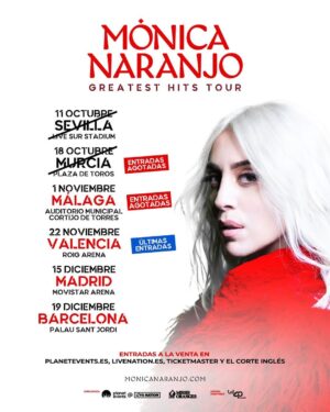 Mónica Naranjo Instagram - ⏳¡FALTAN SOLO 4 DÍAS!

Estamos contando las horas para continuar el #MónicaNaranjoGreatestHitsTour.

⚠️ Tras agotar entradas en Murcia, ahora también se ha agotado Málaga. En Valencia quedan muy pocas. ¡No te quedes sin la tuya!

Próximos conciertos:
1/11 Auditorio Municipal Cortijo de Torres, Málaga.
22/11 @roig.arena, Valencia.
15/12 @movistararenaes, Madrid.
19/12 @palausantjordi, Barcelona.

@monicanaranjo, cuya fama no entiende de fronteras ni de generaciones, quiere explorar en este 30 aniversario de carrera nuevas audiencias y premiar a sus seguidores interpretando las versiones originales de sus canciones más emblemáticas. 
 
🎫 Últimas entradas a la venta en planetevents.es, livenation.es, @ticketmasteres y @elcorteingles.

📻 @los40classic.oficial, emisora oficial.