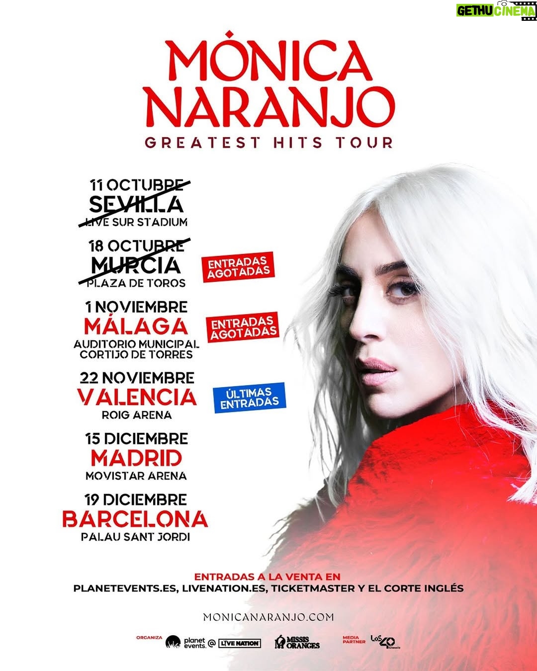 Mónica Naranjo - 876 Likes - ⏳¡FALTAN SOLO 4 DÍAS!

Estamos contando las horas para continuar el #MónicaNaranjoGreatestHitsTour.

⚠️ Tras agotar entradas en Murcia, ahora también se ha agotado Málaga. En Valencia quedan muy pocas. ¡No te quedes sin la tuya!

Próximos conciertos:
1/11 Auditorio Municipal Cortijo de Torres, Málaga.
22/11 @roig.arena, Valencia.
15/12 @movistararenaes, Madrid.
19/12 @palausantjordi, Barcelona.

@monicanaranjo, cuya fama no entiende de fronteras ni de generaciones, quiere explorar en este 30 aniversario de carrera nuevas audiencias y premiar a sus seguidores interpretando las versiones originales de sus canciones más emblemáticas. 
 
🎫 Últimas entradas a la venta en planetevents.es, livenation.es, @ticketmasteres y @elcorteingles.

📻 @los40classic.oficial, emisora oficial.