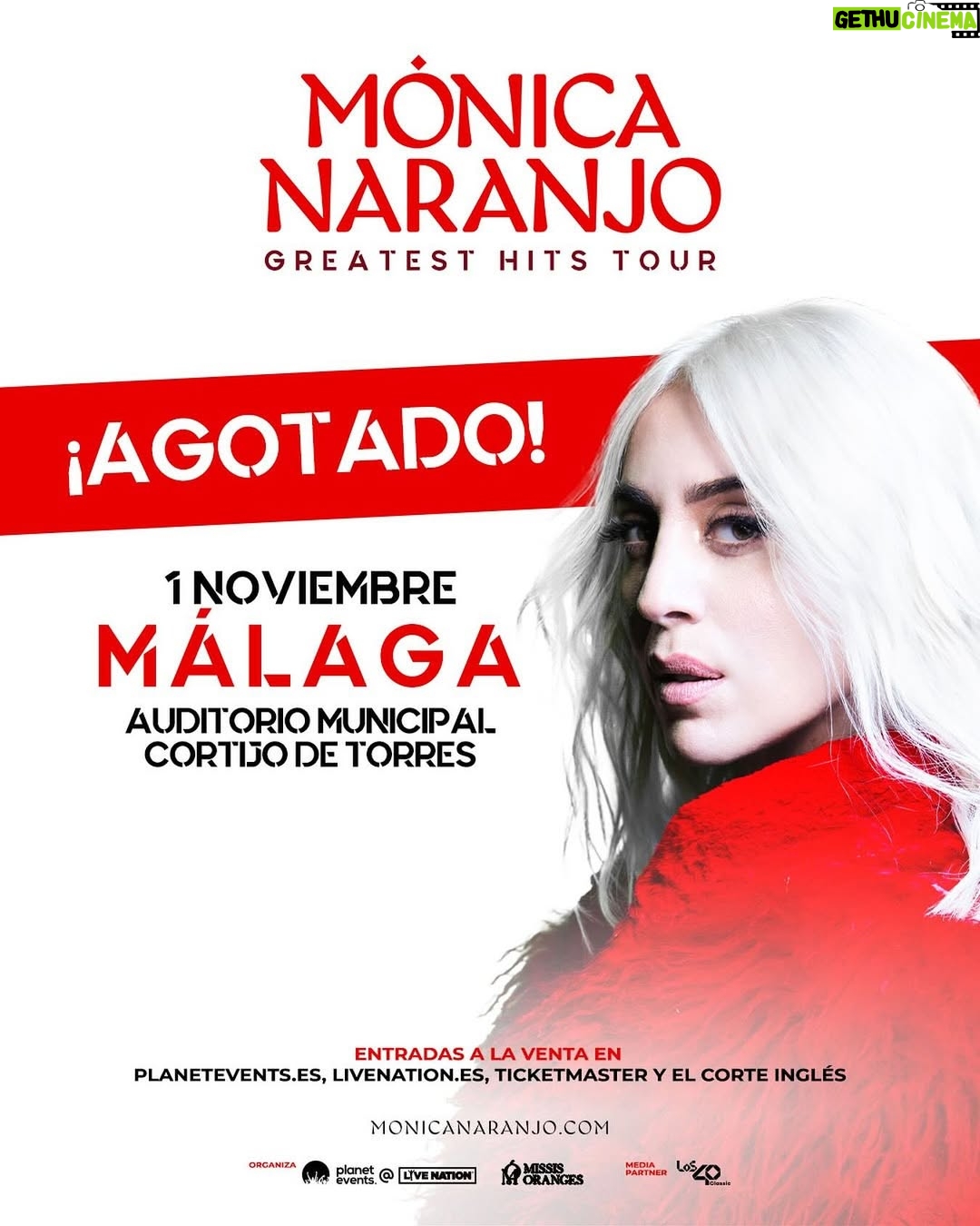Mónica Naranjo - 0.9K Likes - ⚠️ ¡MÁLAGA, habéis agotado las entradas! ¡Estamos SOLD OUT con #MónicaNaranjoGreatestHitsTour!

Más de 9.000 personas disfrutarán este sábado 1/11 en el Auditorio Cortijo de Torres de @monicanaranjo.

La catalana celebrará sus 30 años de carrera, interpretando las versiones originales de sus canciones más icónicas.

🎤 Artista invitado: @agoney. 
⭐ Invitado especial: @nebulossa_oficial. 

📻 Emisora oficial: @los40classic.oficial.