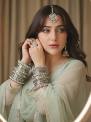 Naazuk Madan Lochan Instagram - 🧿❤️
@naazukmadanlochan
Prompt:
Create a 4K, ultra-realistic portrait in 9:16 ratio of me with the exact same face as the uploaded image and body (no alteration, 100% identical). I am wearing a light pastel sheer kurti. My arms are adorned with silver bangles richly embellished with oxidised rings, layered bangles, and gems
I am also wearing a bold kajal in my eyes matching earrings, and a jeweled maang tikka placed at the center of my hairline. My little flicks flows in light breeze. My makeup is soft yet glamorous, with defined eyes and a subtle glossy finish.
My pose is elegant and graceful, wearing one of my earrings with both my hands as I look softly into the mirror with a poised expression. My long hair is styled loosely, centre parting & bangs framing my face naturally.
The background is warm and muted, with draped curtains and a soft blurred mirror reflection, giving the portrait an intimate, cinematic mood. The overall style is regal, artistic, and ultra-realistic-blending vintage royal elegance with modern fashion editorial aesthetics. .
.
.
.
.
#naazukmadanlochan👑 #naazuklochan #naazuk #naazukangel #googlegemini #trending #trend #explorepage #explore