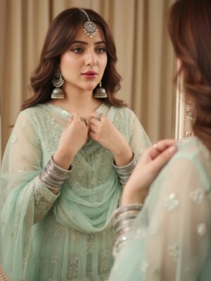Naazuk Madan Lochan Instagram - 🧿❤️
@naazukmadanlochan
Prompt:
Create a 4K, ultra-realistic portrait in 9:16 ratio of me with the exact same face as the uploaded image and body (no alteration, 100% identical). I am wearing a light pastel sheer kurti. My arms are adorned with silver bangles richly embellished with oxidised rings, layered bangles, and gems
I am also wearing a bold kajal in my eyes matching earrings, and a jeweled maang tikka placed at the center of my hairline. My little flicks flows in light breeze. My makeup is soft yet glamorous, with defined eyes and a subtle glossy finish.
My pose is elegant and graceful, wearing one of my earrings with both my hands as I look softly into the mirror with a poised expression. My long hair is styled loosely, centre parting & bangs framing my face naturally.
The background is warm and muted, with draped curtains and a soft blurred mirror reflection, giving the portrait an intimate, cinematic mood. The overall style is regal, artistic, and ultra-realistic-blending vintage royal elegance with modern fashion editorial aesthetics. .
.
.
.
.
#naazukmadanlochan👑 #naazuklochan #naazuk #naazukangel #googlegemini #trending #trend #explorepage #explore