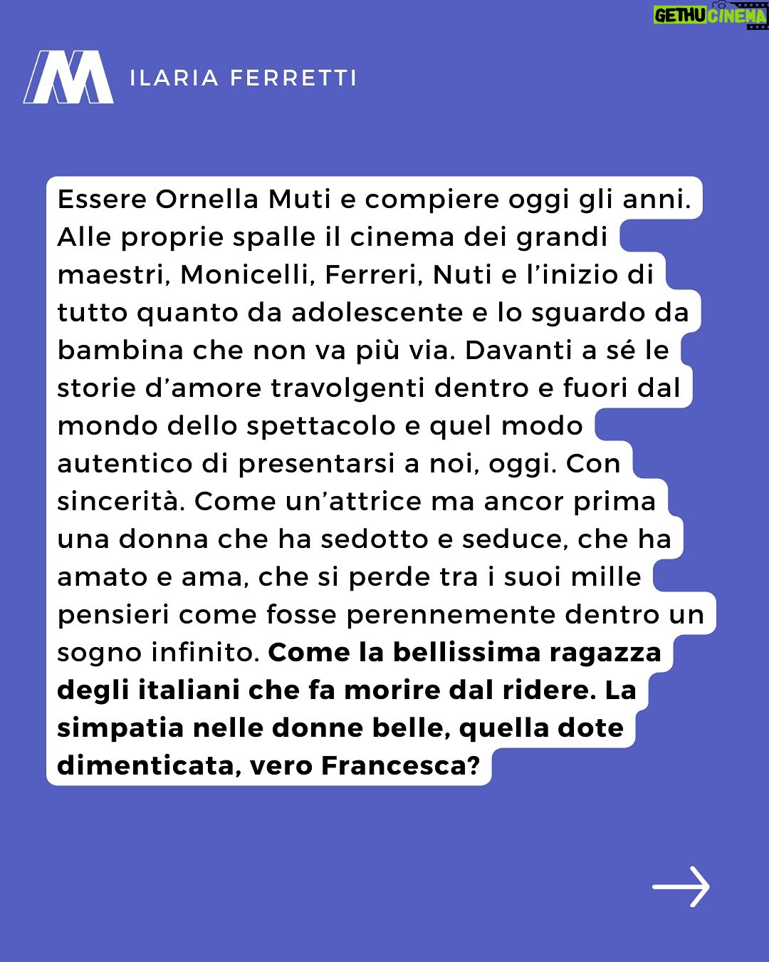 Ornella Muti - 2.9K Likes - Ornella Muti è l’icona di un cinema che forse non tornerà più da Nuti a Tognazzi, ma anche la ragazza che gira il mondo con sua figlia Naike Rivelli. Essere Ornella Muti non è essere attrice, ma aver mille vite cucite addosso e viverle tutte. 

Critiche, commenti, offese e proposte di matrimonio direttamente a @frankiscoming 👈🏻

#ornellamuti #cinema #attrice #compleanno #auguri #naikerivelli #cinemaitaliano #mowmag