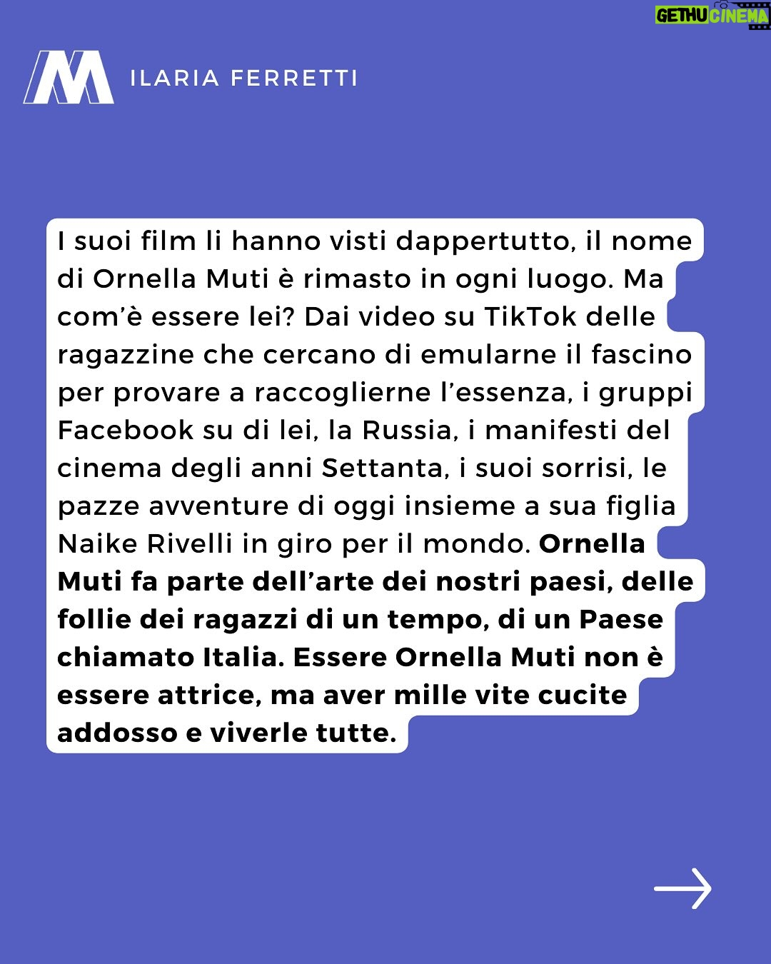 Ornella Muti - 2.9K Likes - Ornella Muti è l’icona di un cinema che forse non tornerà più da Nuti a Tognazzi, ma anche la ragazza che gira il mondo con sua figlia Naike Rivelli. Essere Ornella Muti non è essere attrice, ma aver mille vite cucite addosso e viverle tutte. 

Critiche, commenti, offese e proposte di matrimonio direttamente a @frankiscoming 👈🏻

#ornellamuti #cinema #attrice #compleanno #auguri #naikerivelli #cinemaitaliano #mowmag