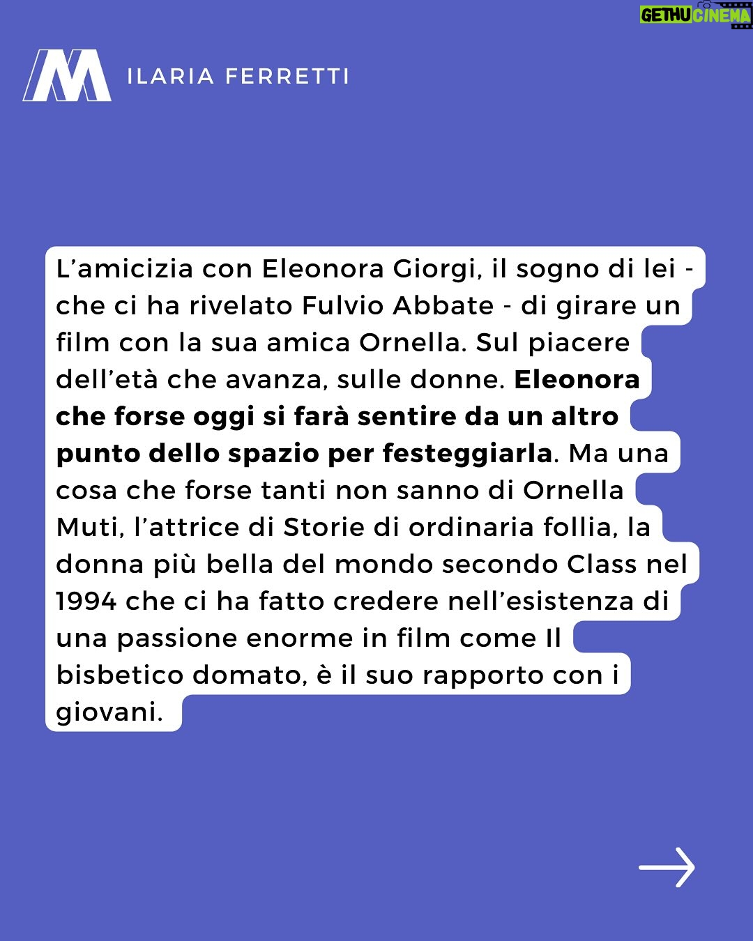 Ornella Muti - 2.9K Likes - Ornella Muti è l’icona di un cinema che forse non tornerà più da Nuti a Tognazzi, ma anche la ragazza che gira il mondo con sua figlia Naike Rivelli. Essere Ornella Muti non è essere attrice, ma aver mille vite cucite addosso e viverle tutte. 

Critiche, commenti, offese e proposte di matrimonio direttamente a @frankiscoming 👈🏻

#ornellamuti #cinema #attrice #compleanno #auguri #naikerivelli #cinemaitaliano #mowmag