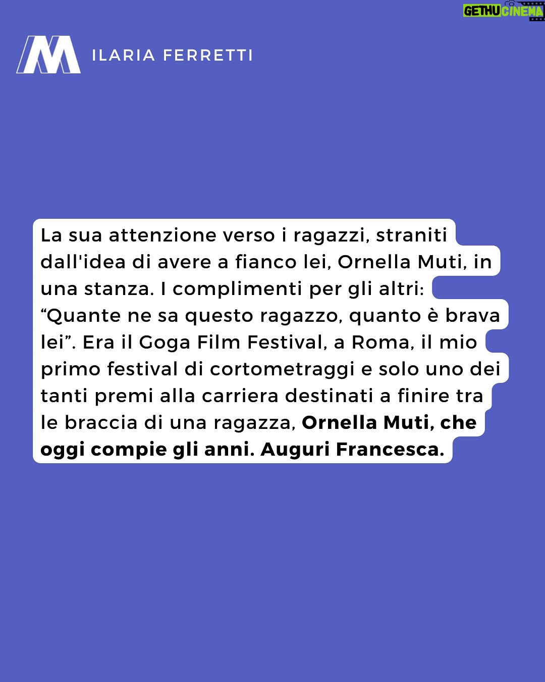 Ornella Muti - 2.9K Likes - Ornella Muti è l’icona di un cinema che forse non tornerà più da Nuti a Tognazzi, ma anche la ragazza che gira il mondo con sua figlia Naike Rivelli. Essere Ornella Muti non è essere attrice, ma aver mille vite cucite addosso e viverle tutte. 

Critiche, commenti, offese e proposte di matrimonio direttamente a @frankiscoming 👈🏻

#ornellamuti #cinema #attrice #compleanno #auguri #naikerivelli #cinemaitaliano #mowmag