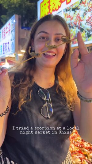 Pooja Chen Instagram - Just casually eating the zodiac signs now. Scorpio, you’re delicious. 🦂😋 

[ China Chronicles, local delicacies, scorpions, night markets, food adventures, travel dairies, savage snacker ]