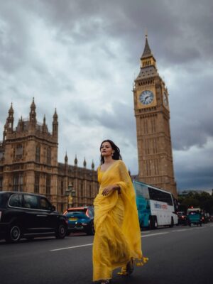 Prakruti Mishra Instagram - Straight out of a YRF frame ⚠️🌻💛
.
.
.
.
.
.
Wearing the @suta_bombay yellow saree 🔆
.
.
.
.
.
.
.
Shot & edited by @_always_more_photography 🤍
#londonphotographer 
#londonphotoshoot