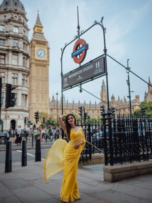 Prakruti Mishra Instagram - Straight out of a YRF frame ⚠️🌻💛
.
.
.
.
.
.
Wearing the @suta_bombay yellow saree 🔆
.
.
.
.
.
.
.
Shot & edited by @_always_more_photography 🤍
#londonphotographer 
#londonphotoshoot
