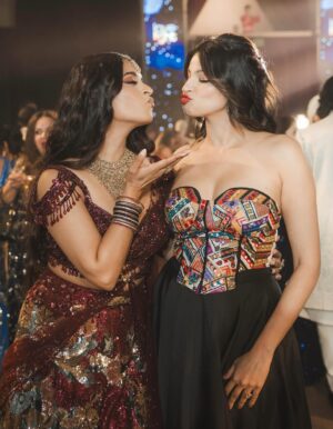 Richa Shukla Moorjani Instagram - Thank you @lilly for giving us this gift of togetherness and unfiltered joy every year on Diwali ✨ 

Outfit @saakshakinni (@elevate_promotions )
Heels @aprajitatoorofficial 
Makeup @the_face_couture 
Hair @beautybynic 
Photos (1-5) @reelinitiative 
Photos ( 6-9) @mdanielsphoto