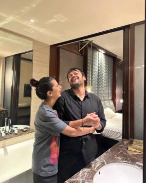 Rupal Yadav Instagram - This past year had its ups and downs but if there’s one thing I’m grateful for - it’s that we had each other through it all♥️

📸 *Slide 1:* The day I had my YouTube Accelerator event, and he showed up just to cheer me up before my speech🥹💖 
📸 *Slide 2:* Beyond the workouts I think we bonded the most on our way to the gym..endless random convos, hyping each other up & just being our unfiltered selves🫶🏻
📸 *Slide 3:* Our first live stand-up show in Gurgaon that took us forever to reach😂
📸 *Slide 4:* Our first international trip together to Bali, where we had the most fun and learned so much about each other❤️
📸 *Slide 5:* The time I had just moved to Noida, and he randomly showed up - no plans, no reason, just to be there🥹
📸 *Slide 6:* Just after our roka!💍✨We were so happy that finally our families met and everything just felt perfect❤️ That “it’s really happening” feeling hit us hard & we couldn’t stop smiling the whole time!
📸 *Slide 7:* Just a random picture but one of our favourite things we do together - our long walks❤️batein karte karte kab 15,000 steps ho jaate hain pata hi nahi chalta!!🥹
📸 *Slide 8:* The first time Rajat gave me flowers… and that too in full filmy style! Kabhi fursat se poori story bataungi😛
📸 *Slide 9:* Bali again—where we got matching tattoos! Rajat’s first-ever tattoo, and he was so happy with it☺️
📸 *Slide 10:* Our crazy ATV ride in Bali! Even now, thinking about that day makes us smile☺️💗 Traveling with him is a whole different vibe! ❤️ 
📸 *Slide 11:* Gili T Island—some of our best memories together. Can’t wait to go back someday🌊✨ 
📸 *Slide 12:* One of our many flights! Honestly, we’ve taken so many secret trips this past year, I’ve lost track. ✈️😂 Here’s to many more! ❤️ 
📸 *Slide 13:* The day of our roka—the moment it *really* hit us… shit, this is actually happening! 💍🥹 
📸 *Slide 14:* The day we officially got engaged! Still feels unreal. 💖✨ 
📸 *Slide 15:* Came to see him, and before leaving, idk why I wrote on his mirror with my lipstick. Ewwww cringeeeeeee ik 

Here’s to many more memories together!🥹❤️🧿
Love you R❤️