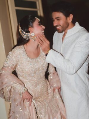 Saboor Aly Instagram - Dressed for the season, glowing together @saadbinshahzad_official & @bemenofficial_ 🕊️

📸 @omgmoods 
💄 @faizas.salon 
💎 @zevargram 
🫶🏻 @iamwaleednadeem