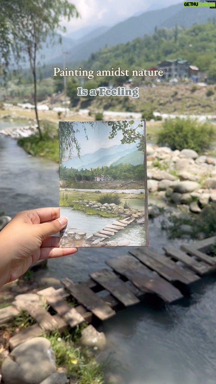 Sakshi Khullar - 29.5K Likes - Mountains , riverside , my paints and brushes is all I need to remain sane 🏔️🤍 Nature hits different 🌸 
#sakshikhullarart #gouachepaint #pleinairpainting