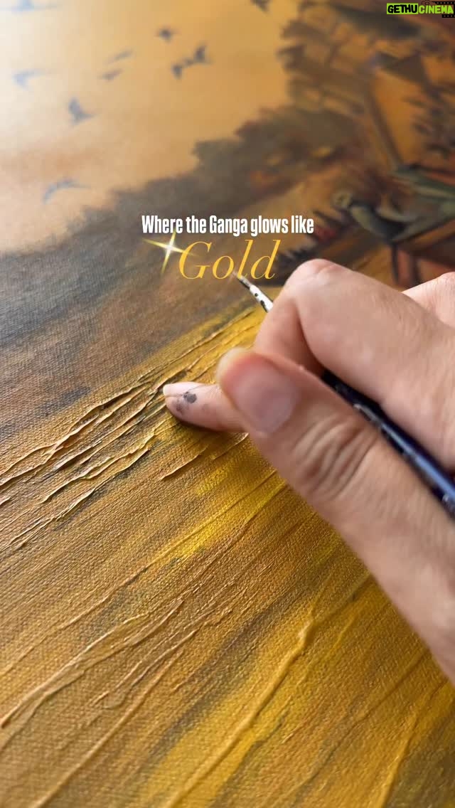 Sakshi Khullar - 129.4K Likes - Golden skies, sacred waters, ancient steps 
Banaras it is 🌅✨
#sakshikhullarart #acrylicpaintingoncanvas #banarasghat #goldenhourlight