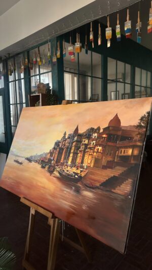 Sakshi Khullar Instagram - The serenity, the stories, and the essence of this sacred place flowed through me and onto a 60x36 inch canvas in acrylics. Every brushstroke carries the spirit of Banaras , a moment captured forever.
#acrylicsoncanvas #banarasghat #assighat #sakshikhullarart #commissionedart