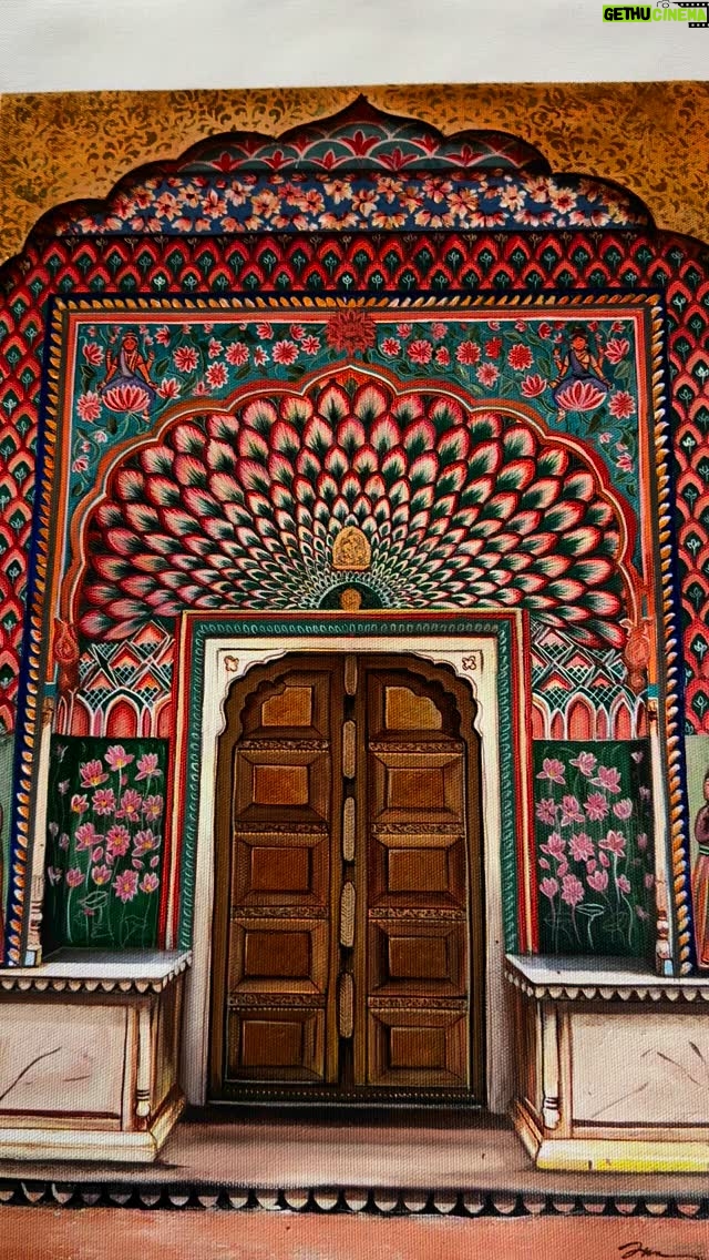Sakshi Khullar - 10.5K Likes - Embracing the intricacy , stroke by stroke ✨ 
12”x18” commissioned art, acrylics on canvas . 
#sakshikhullarart #jharokha #indiandoors #jaipurdoors #acrylicsoncanvas #sakshikhullarartstudio #commissionedart #indianart