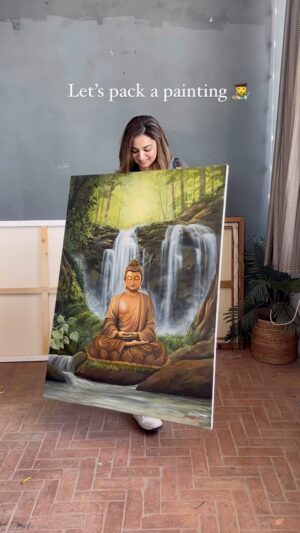 Sakshi Khullar Instagram - Pro TIP :
Roll the painting with the painted side out to minimise stress on the painting surface 😀
#sakshikhullarart #packingartwork #acrylicpainting #commissionpainting #buddhapainting #natureartist