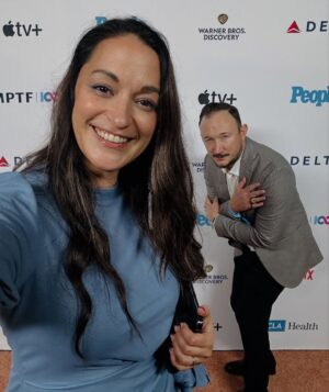 Sara Tomko Instagram - Thank you for inviting us to join in your fun, games and dancing last night @mptf You always know how to host a good time especially at your 19th annual #eveningbefore the Emmy’s.  To the Emmy nominees up for tonight’s awards, break all the legs! Hope tonight your dreams come true and you can finally live out that speech you been practicing in the shower and the car and the grocery store and the park and in your head 🥹🎭🫶🏽
•••
Thanks for flirting with me and some fun familiar faces all night @tj_pederson
•••
Stylist @thredup 😍🩵