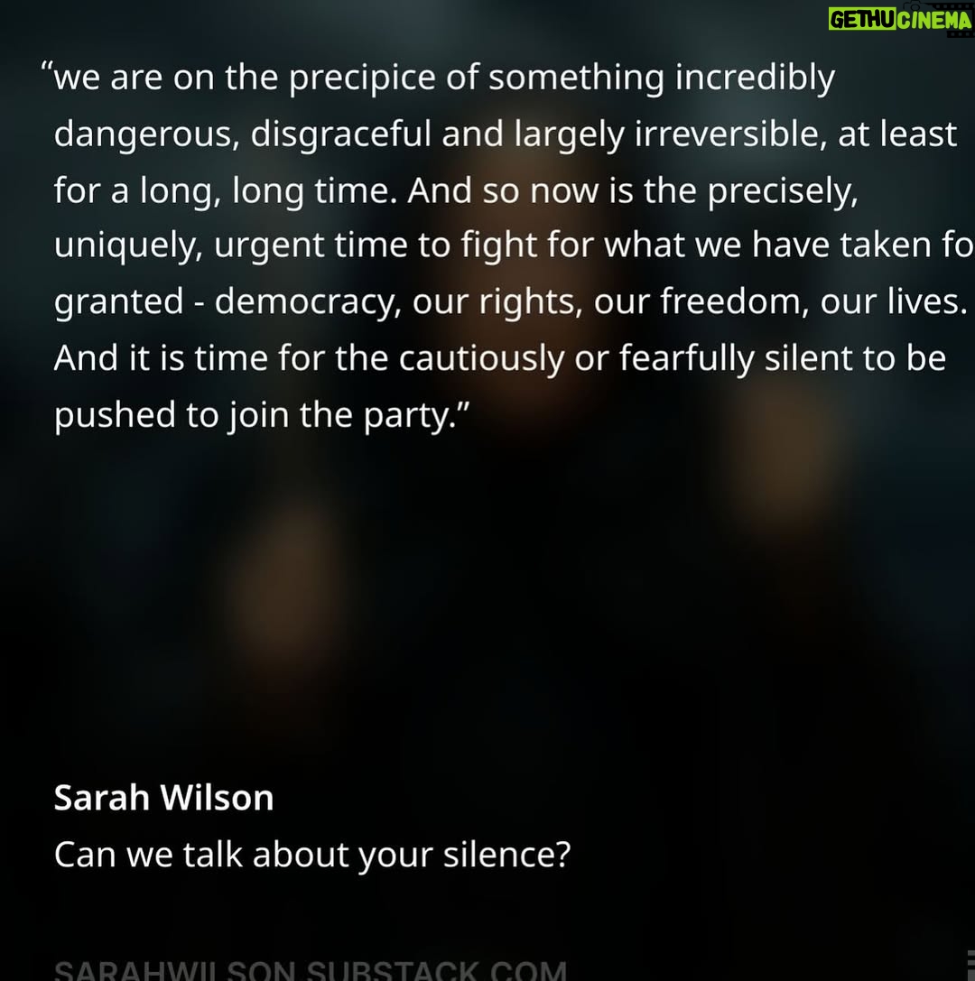 Sarah Wilson - 2.3K Likes - This is fascism creep. This is how fascism descends. I’ve written a @substack “Can we talk about your silence”, which I thought would ruffle feathers, but it’s received almost the opposite reaction. Gosh, what strange and so very human times we are in. Link in stories… courage to you all 👊🇵🇸