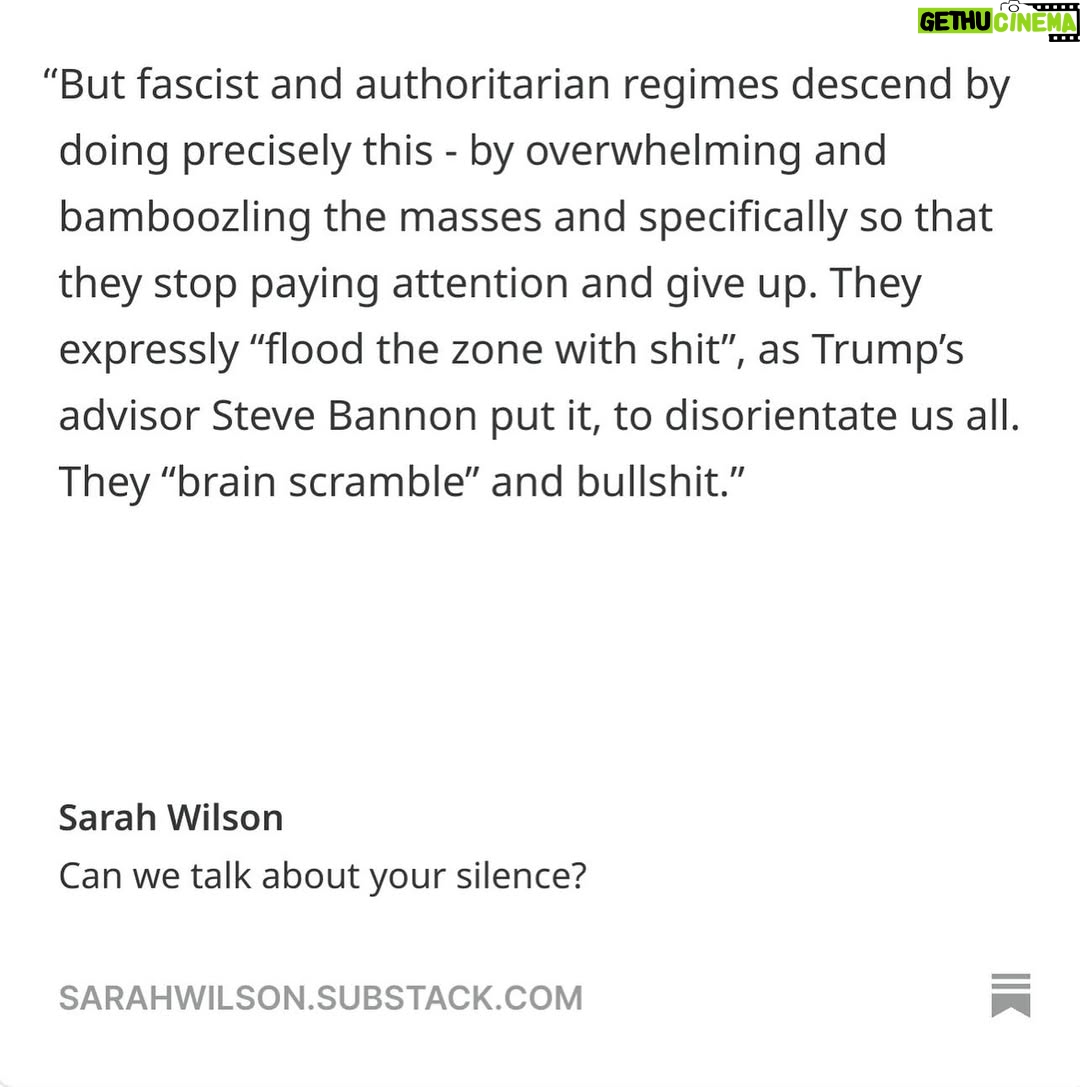 Sarah Wilson - 2.3K Likes - This is fascism creep. This is how fascism descends. I’ve written a @substack “Can we talk about your silence”, which I thought would ruffle feathers, but it’s received almost the opposite reaction. Gosh, what strange and so very human times we are in. Link in stories… courage to you all 👊🇵🇸
