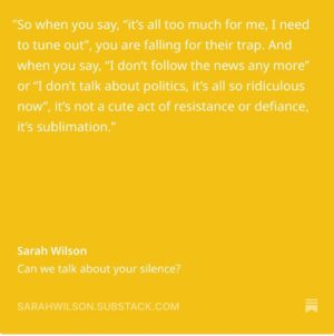 Sarah Wilson Instagram - This is fascism creep. This is how fascism descends. I’ve written a @substack “Can we talk about your silence”, which I thought would ruffle feathers, but it’s received almost the opposite reaction. Gosh, what strange and so very human times we are in. Link in stories… courage to you all 👊🇵🇸