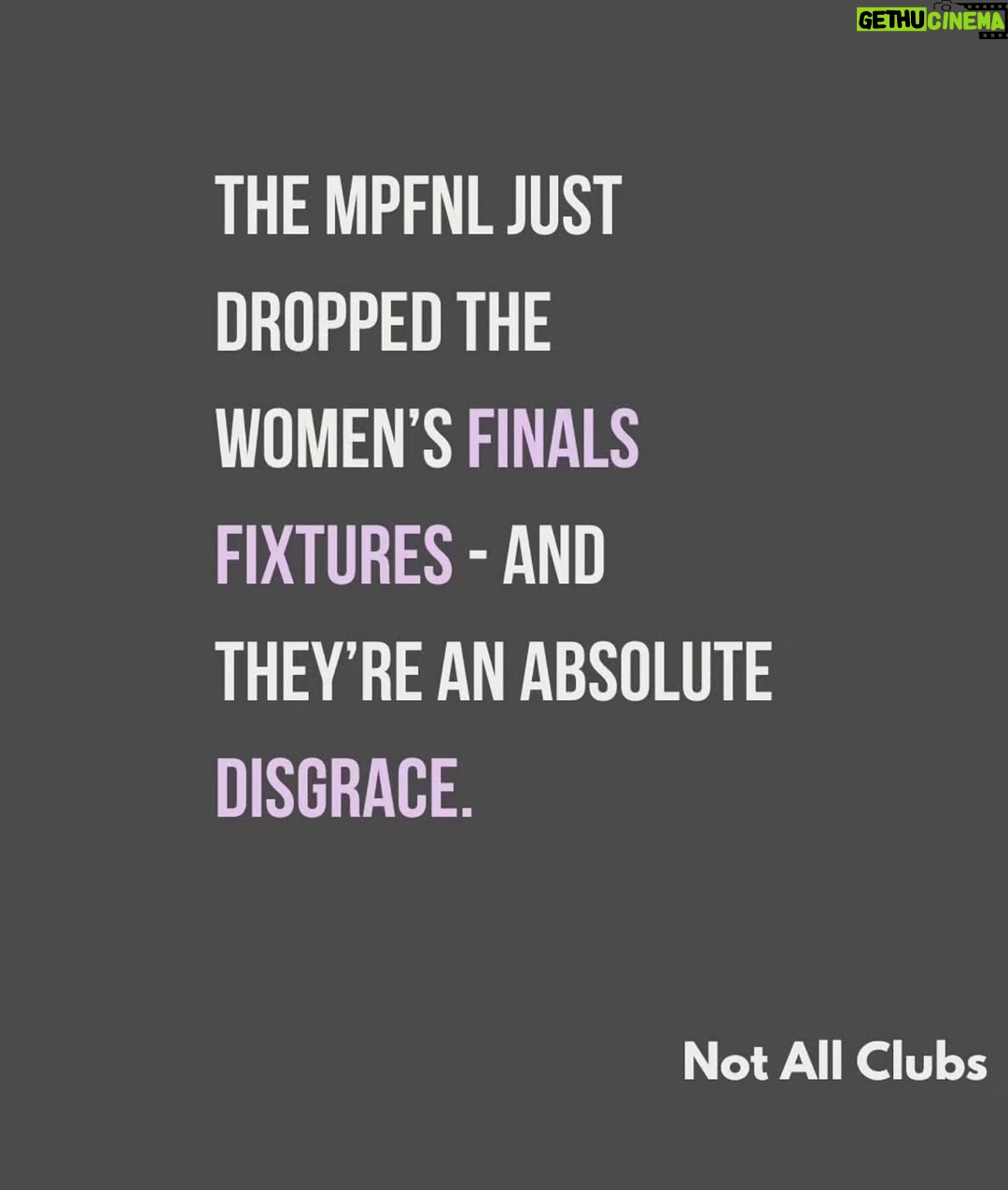 Sharni Layton - 1.5K Likes - Reposting @notallclubs after @gameface.mpnfl disgracefully placed the MPNFL Women's Finals last minute, on a Sunday with Div 1 at 6pm, the same time as the men's last home & away game, on a junior oval. Lack of thought, care, respect and planning continues to be one of the main issues for women's sport - professionally and at community level. They make excuses - yet the men's season always seems to run to plan, with the best time slots, on the best ovals and organised in advance. Its 2025, own your actions and just DO BETTER. FFS. Stop raining bullshit. I wish I could do more, but all I can do is call it out - so here I am.

If you've had enough - go to MPNFL website, there you can find staff and staff emails > https://mpfnl.com.au/afl-south-east-staff/