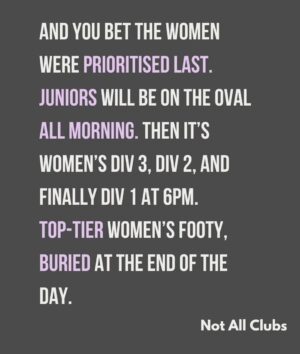 Sharni Layton Instagram - Reposting @notallclubs after @gameface.mpnfl disgracefully placed the MPNFL Women's Finals last minute, on a Sunday with Div 1 at 6pm, the same time as the men's last home & away game, on a junior oval. Lack of thought, care, respect and planning continues to be one of the main issues for women's sport - professionally and at community level. They make excuses - yet the men's season always seems to run to plan, with the best time slots, on the best ovals and organised in advance. Its 2025, own your actions and just DO BETTER. FFS. Stop raining bullshit. I wish I could do more, but all I can do is call it out - so here I am.

If you've had enough - go to MPNFL website, there you can find staff and staff emails > https://mpfnl.com.au/afl-south-east-staff/
