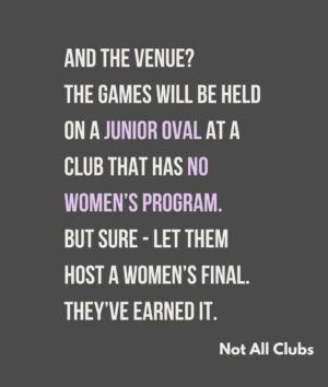 Sharni Layton Instagram - Reposting @notallclubs after @gameface.mpnfl disgracefully placed the MPNFL Women's Finals last minute, on a Sunday with Div 1 at 6pm, the same time as the men's last home & away game, on a junior oval. Lack of thought, care, respect and planning continues to be one of the main issues for women's sport - professionally and at community level. They make excuses - yet the men's season always seems to run to plan, with the best time slots, on the best ovals and organised in advance. Its 2025, own your actions and just DO BETTER. FFS. Stop raining bullshit. I wish I could do more, but all I can do is call it out - so here I am.

If you've had enough - go to MPNFL website, there you can find staff and staff emails > https://mpfnl.com.au/afl-south-east-staff/
