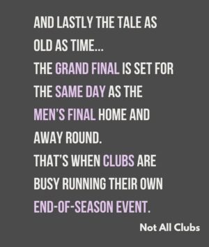Sharni Layton Instagram - Reposting @notallclubs after @gameface.mpnfl disgracefully placed the MPNFL Women's Finals last minute, on a Sunday with Div 1 at 6pm, the same time as the men's last home & away game, on a junior oval. Lack of thought, care, respect and planning continues to be one of the main issues for women's sport - professionally and at community level. They make excuses - yet the men's season always seems to run to plan, with the best time slots, on the best ovals and organised in advance. Its 2025, own your actions and just DO BETTER. FFS. Stop raining bullshit. I wish I could do more, but all I can do is call it out - so here I am.

If you've had enough - go to MPNFL website, there you can find staff and staff emails > https://mpfnl.com.au/afl-south-east-staff/