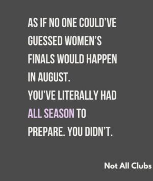 Sharni Layton Instagram - Reposting @notallclubs after @gameface.mpnfl disgracefully placed the MPNFL Women's Finals last minute, on a Sunday with Div 1 at 6pm, the same time as the men's last home & away game, on a junior oval. Lack of thought, care, respect and planning continues to be one of the main issues for women's sport - professionally and at community level. They make excuses - yet the men's season always seems to run to plan, with the best time slots, on the best ovals and organised in advance. Its 2025, own your actions and just DO BETTER. FFS. Stop raining bullshit. I wish I could do more, but all I can do is call it out - so here I am.

If you've had enough - go to MPNFL website, there you can find staff and staff emails > https://mpfnl.com.au/afl-south-east-staff/