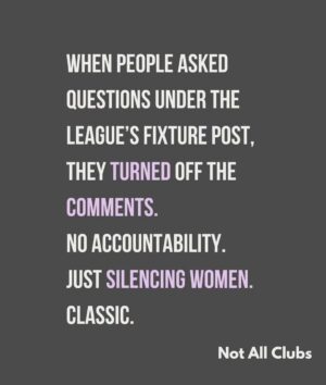 Sharni Layton Instagram - Reposting @notallclubs after @gameface.mpnfl disgracefully placed the MPNFL Women's Finals last minute, on a Sunday with Div 1 at 6pm, the same time as the men's last home & away game, on a junior oval. Lack of thought, care, respect and planning continues to be one of the main issues for women's sport - professionally and at community level. They make excuses - yet the men's season always seems to run to plan, with the best time slots, on the best ovals and organised in advance. Its 2025, own your actions and just DO BETTER. FFS. Stop raining bullshit. I wish I could do more, but all I can do is call it out - so here I am.

If you've had enough - go to MPNFL website, there you can find staff and staff emails > https://mpfnl.com.au/afl-south-east-staff/