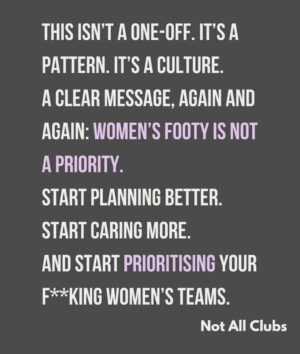 Sharni Layton Instagram - Reposting @notallclubs after @gameface.mpnfl disgracefully placed the MPNFL Women's Finals last minute, on a Sunday with Div 1 at 6pm, the same time as the men's last home & away game, on a junior oval. Lack of thought, care, respect and planning continues to be one of the main issues for women's sport - professionally and at community level. They make excuses - yet the men's season always seems to run to plan, with the best time slots, on the best ovals and organised in advance. Its 2025, own your actions and just DO BETTER. FFS. Stop raining bullshit. I wish I could do more, but all I can do is call it out - so here I am.

If you've had enough - go to MPNFL website, there you can find staff and staff emails > https://mpfnl.com.au/afl-south-east-staff/