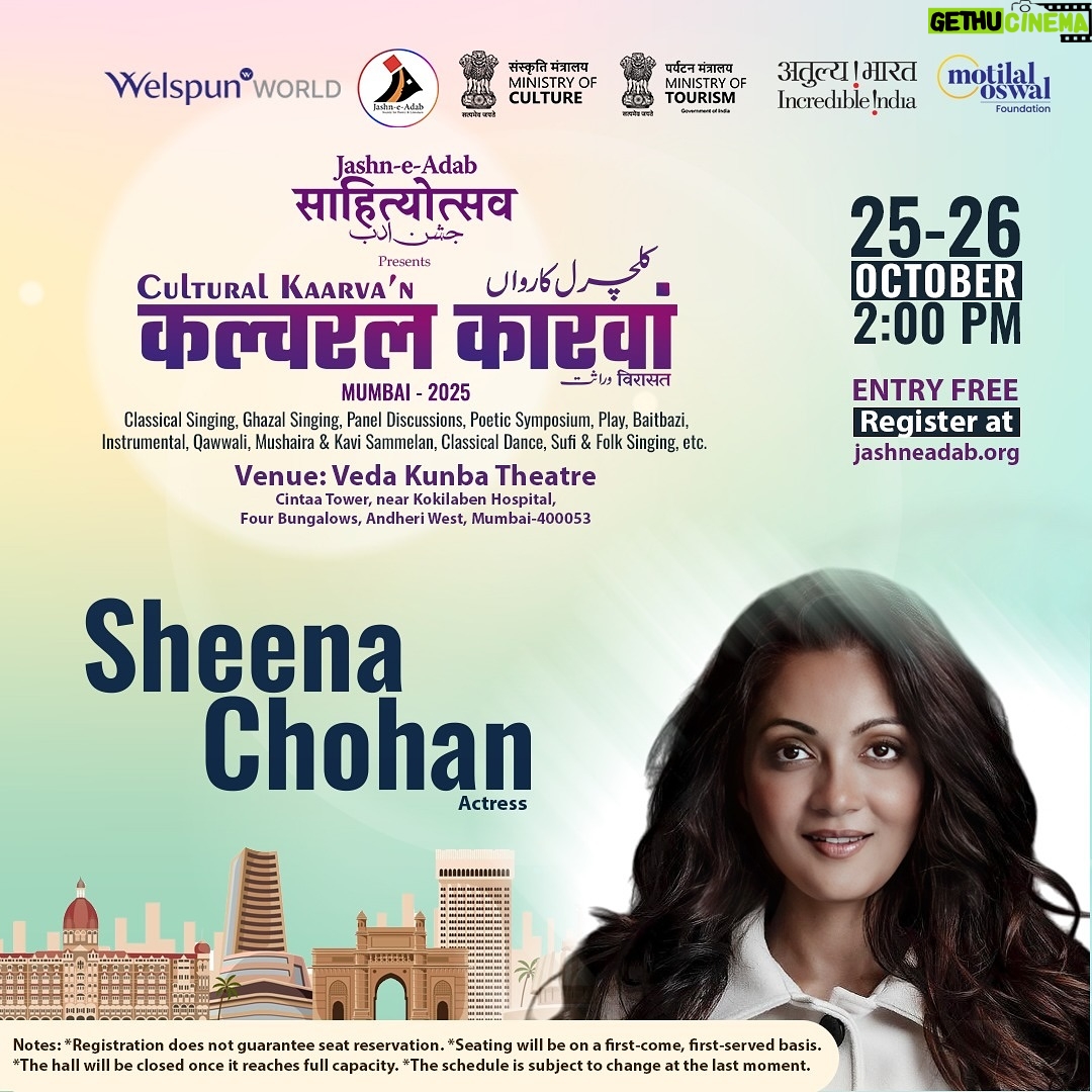 Sheena Chohan - 2.2K Likes - 🎭 Celebrating the magic of art, craft, theatre, cinema, and the creation of unforgettable characters — alongside the masters of their art.
Honoured to be part of this inspiring panel, where passion meets purpose and stories come alive. ✨
@divyadutta25 @deepakdobriyal1 @manurishichadha @jaduakhtar 
Please come Join us 🤗🤗

#SheenaChohan #Actor #Theatre #Cinema #DivyaDutta #JavedAkhtar #DeepakDobriyal #ManurishiChaddha #ArtAndCraft #Storytellers #PanelDiscussion #CreativeJourney #Inspiration #ArtistsOfIndia #FilmCommunity #CharacterCreation