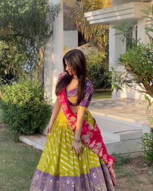Sheran Ratnani Instagram - Colour blocking for Garba night💜✨💗☘️
🏷️: @heer.boutique
.
.
.
#garbaoutfit #weddingdiaries #gujaratiwedding #chaniyacholi #ethnicwear #indianwear #🧿