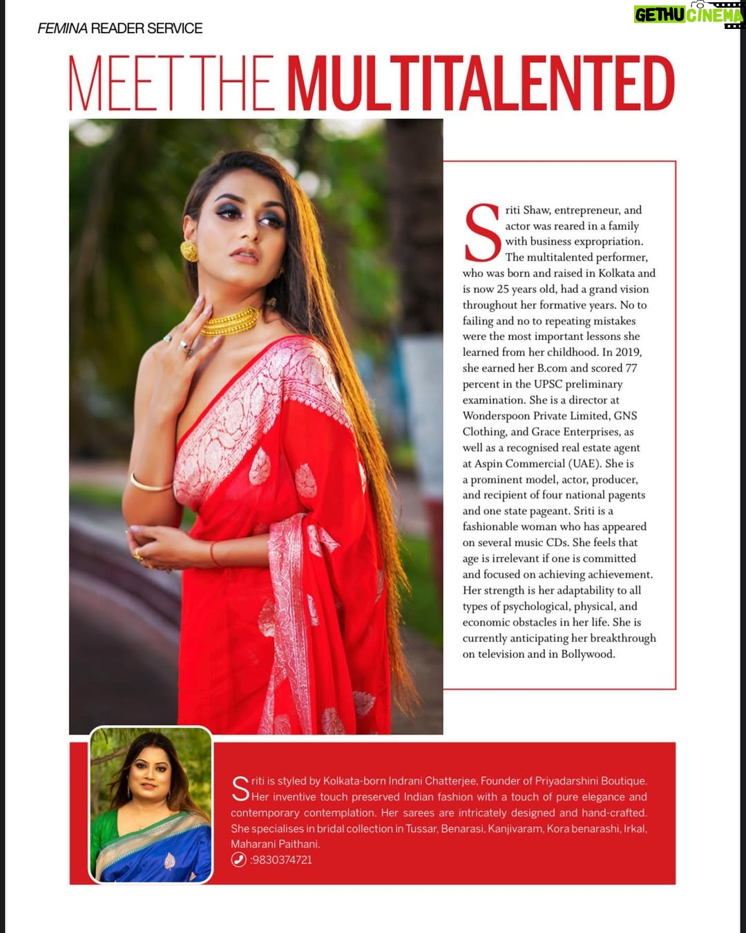 Sriti Shaw - 783 Likes - Thank you So much @feminamagazine for the great article for the month of July 2022 which got published nationwide in all stands .. What an honour..❤️❤️tysm for all your love and support @s.724m @priyadarshiniboutique1 @indranichatterjeedas ❤️❤️🤩🤩🤩💯
