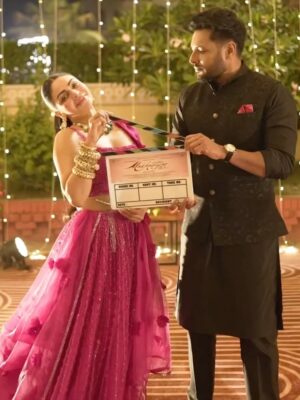 Sunaina Khera Instagram - Directly from the sets of Madhaniyan, Neeru Bajwa in our pink 3D flower lehenga🥹🩷