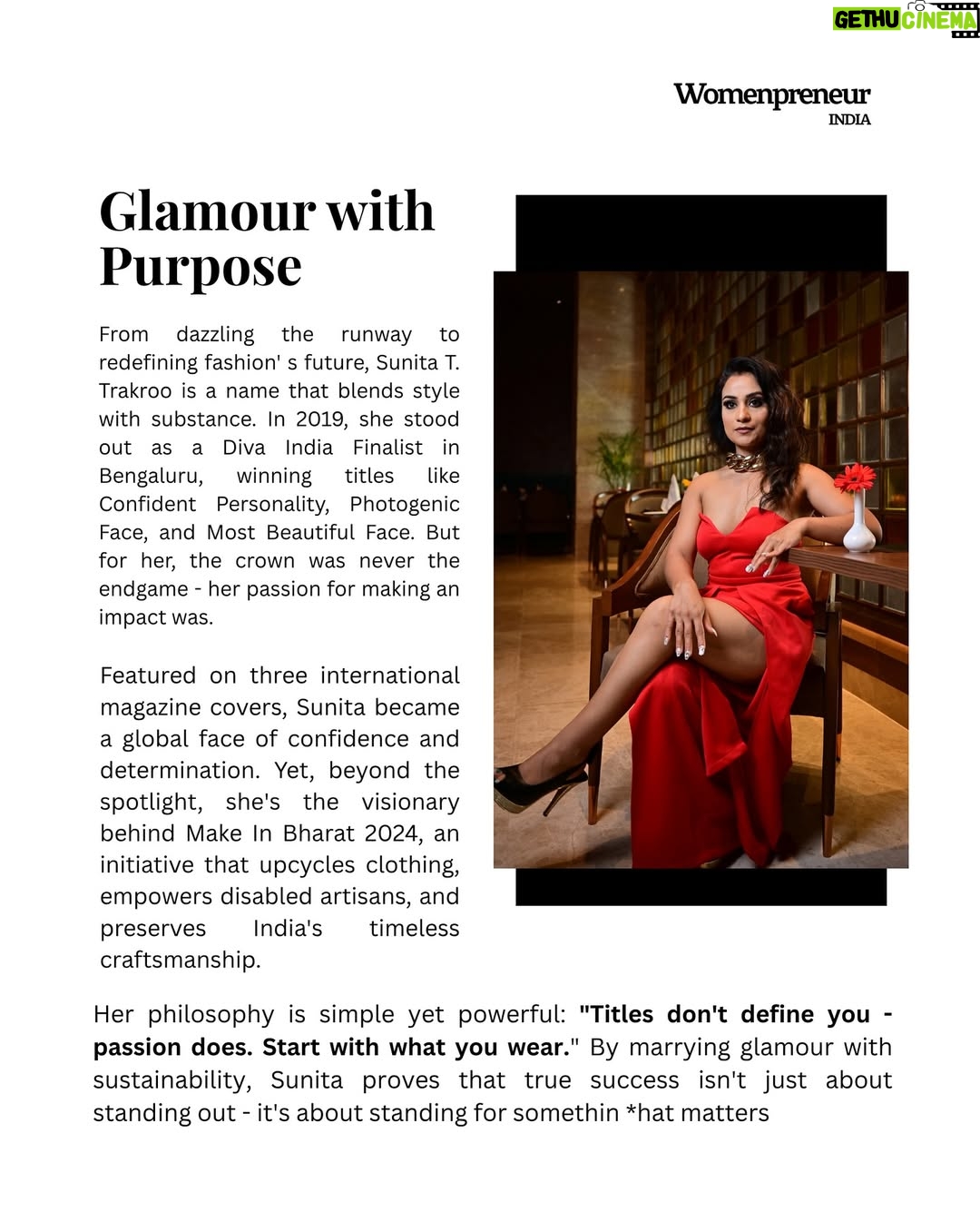 Sunita Trakroo - 1.4K Likes - Sunita Trakroo, Diva Finalist India 2019 and face of multiple international magazines, is proving that true beauty lies in purpose.

As founder of #MakeInBharat2024, Sunita is on a mission to combat textile pollution by upcycling fabrics into timeless, sustainable outfits. Her initiative not only preserves India’s rich craftsmanship but also empowers disabled individuals, promoting inclusivity in the fashion industry.

Recognised globally, she stands as a voice for eco-conscious living, proving that style and sustainability can go hand in hand. From promoting slow fashion to inspiring individual action, she’s building a greener, fairer future for the next generation.

#SunitaTrakroo #MakeInBharat2024 #SustainableFashionIndia #textileupcycling #womeninbusiness #womeninfashion #fashionwithpurpose #ecofriendlyclothing #inclusivefashion #womenentrepreneursindia #indiancraftsmanship #greenfashionrevolution #womenpreneurindia