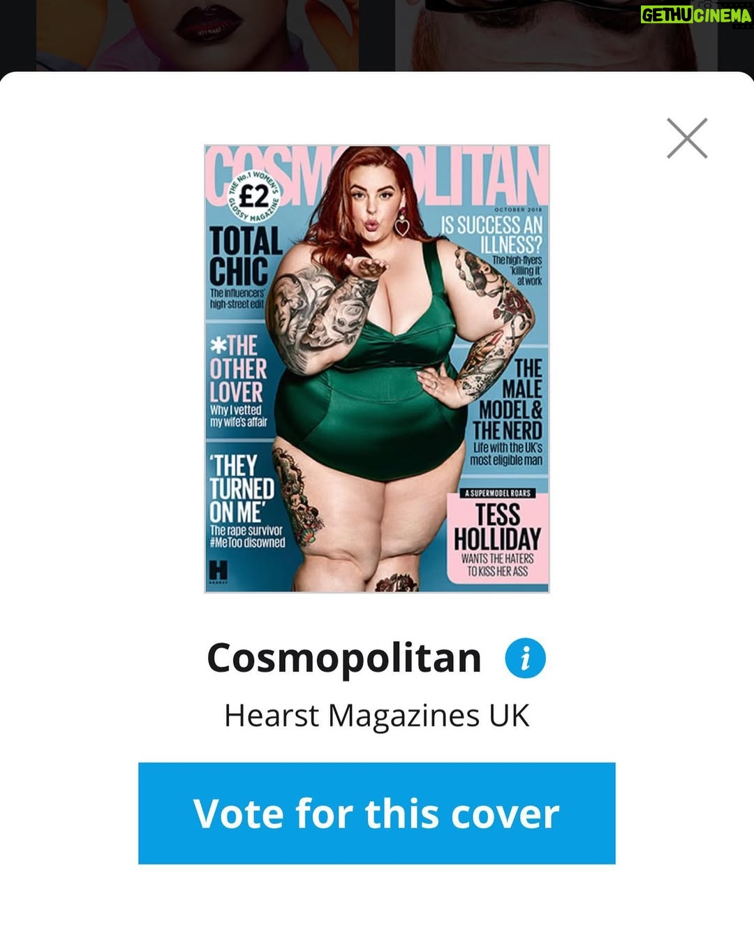 Tess Holliday - 50.3K Likes - My @cosmopolitanuk cover has been nominated for Cover of the Year 🎉 This is the second time a cover I’ve been on has been nominated for cover of the year, yet the industry still tries to act like that fat bodies don’t deserve a place in fashion / mainstream media. I feel like we’re finally getting recognition tho, I mean @lizzobeeating on V Mag, no words 🔥💅🏽 We ain’t going no where, so get used to it. Link is in my bio to vote for my cover 🥰 Love you @farrahstorr & the team at Cosmo UK for not being afraid to take be bold! ✌🏻#effyourbeautystandards #ppaawards