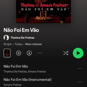 Thalma de Freitas Instagram - Thalma & Amaro Freitas 
‘Não Foi em Vão’ 

Direção artística e voz Thalma de Freitas

Musa Bailarina Grécia Catarina
@greciacatarina 

Arranjo e execução deslumbrante 
Amaro Freitas 
@amarofreitaspiano 

Mixagem Gustavo Ruiz @gustavoruizchagas 

Direção Cinematográfica Ivan Altman 
@ivanaltman 

Gravação Amaro Freitas, Estudio Carranca
Gravação Thalma, estúdio da pra virada

Master Felipe Tichauer @redtraxxmastering 
/ Red Traxx Music Inc

Figurino Tricia de Freitas @Triciadefreitas

Direção de arte @Thalma de Freitas

Capa Thea Severino @theaseverino 

Estúdio @estudioum.bigo

Produtora @chorandoalto

Selo Brazilla Music Collective
Editora Brazilla Publishing 
Distribuidora  Sonora 

Agradecimentos
Laércio Costa - @78rotacoes 
Lu Lopes @lulopescultural 
Piki de Freitas @pikidefreitas 
Dani Benoit @dani_bueno_benoit 
Mari Lemos @lemosmarilemos 
Piky Candeia @pikycandeias.comunicacao 
Marcela Godoy @marcelagodoysp 
Guta Braga @gutabraga 
Jão Vicente
Carlos - Estúdio Carranca
Thiago ‘Big’ Rabello @bigrabello 

Agradecimento a todxs que já ouviram e estão repostando no Stories ou no Feed ❤️‍🔥🙌🏾

Asè
T.