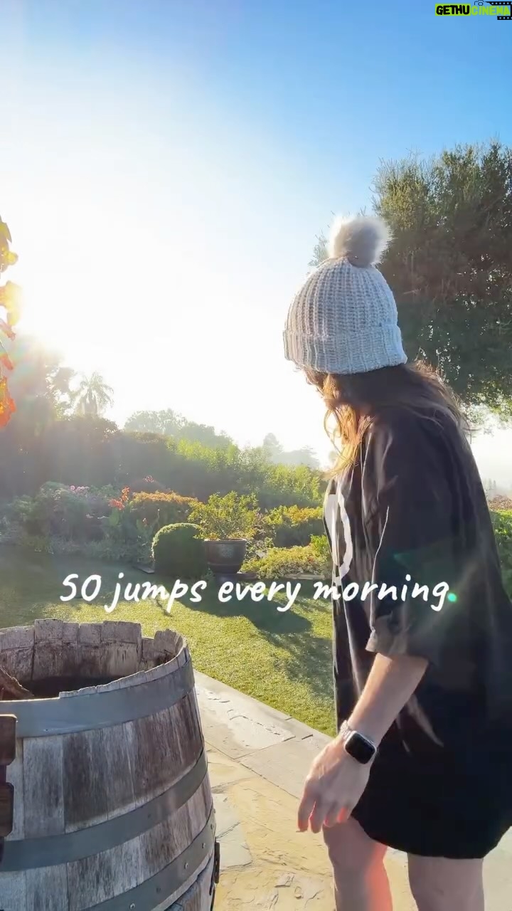 Valerie Bertinelli - 73.4K Likes - Good Morning ☀️
The Google says when you jump 50x or for one minute in the morning, it can increase your blood flow, support bone density (super important at my age), and stimulate your lymphatic system, which helps to flush toxins. It’s a quick (and for me fun) way to transition the body from rest to activity, up your energy, and set in some positivity for the day. 
I’ve been doing this for about a month and I love it. For years, I’ve been going outside first thing in the morning while my coffee is brewing to breathe in some fresh air and enjoy the birds chitter-chatter, so why not add in a few hops while soaking up the sunrise 🥰
🎶So go ahead and jump!🎶
(Sorry, I couldn’t resist 🤭)

Song playing: Made to Wander @croweboysband