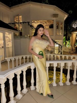 Vanshika Agarwal Instagram - A little moment for the outfit please 💛🤌🏻

#datenight #datenightfit #datenightoutfit #datenightfitcheck #ootn #feathers #love