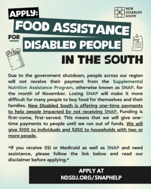Brittany Packnett Instagram - [APPLICATION CLOSED/APLICACÍON CERRADA] 
New Disabled South is offering one-time payments to disabled folks in the South who won’t be receiving SNAP in November due to the government shutdown. Separately, if you would like to donate to our fund, it will enable us to give more money to people who need it. Both the application and donate links are at the link in bio. Let's keep caring for each other.

ID: Images in both English and Spanish sharing that New Disabled South is offering payments to SNAP recipients, as well as soliciting donations to be able to send out more payments to more people. [Alt text on images]