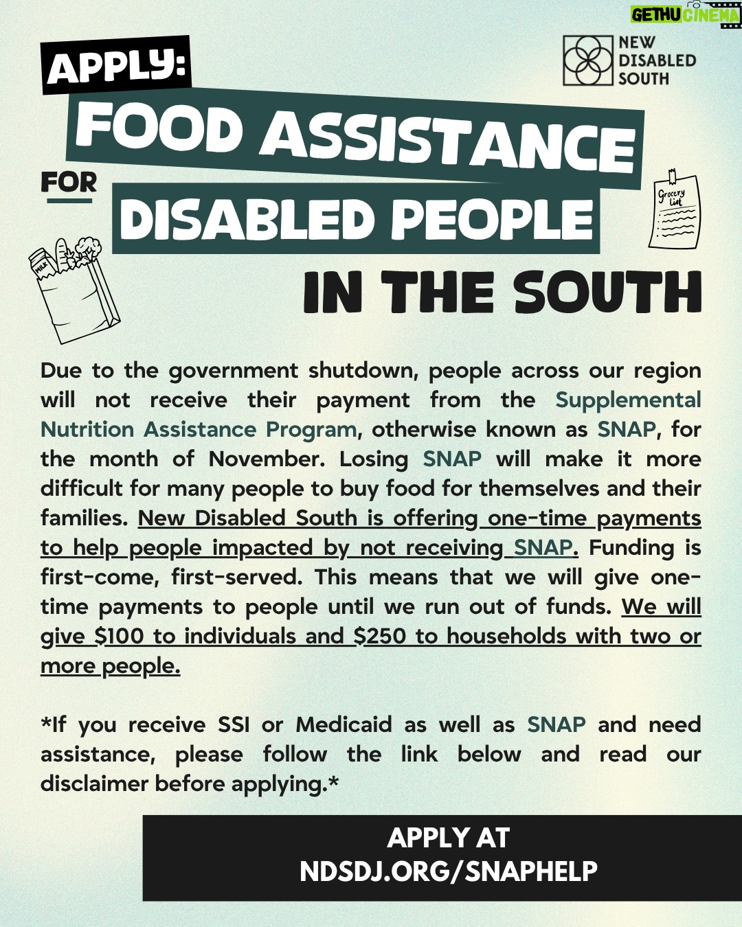 Brittany Packnett - 16.7K Likes - [APPLICATION CLOSED/APLICACÍON CERRADA] 
New Disabled South is offering one-time payments to disabled folks in the South who won’t be receiving SNAP in November due to the government shutdown. Separately, if you would like to donate to our fund, it will enable us to give more money to people who need it. Both the application and donate links are at the link in bio. Let's keep caring for each other.

ID: Images in both English and Spanish sharing that New Disabled South is offering payments to SNAP recipients, as well as soliciting donations to be able to send out more payments to more people. [Alt text on images]