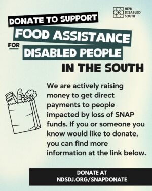 Brittany Packnett Instagram - [APPLICATION CLOSED/APLICACÍON CERRADA] 
New Disabled South is offering one-time payments to disabled folks in the South who won’t be receiving SNAP in November due to the government shutdown. Separately, if you would like to donate to our fund, it will enable us to give more money to people who need it. Both the application and donate links are at the link in bio. Let's keep caring for each other.

ID: Images in both English and Spanish sharing that New Disabled South is offering payments to SNAP recipients, as well as soliciting donations to be able to send out more payments to more people. [Alt text on images]