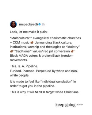 Brittany Packnett Instagram - i may tell you a joke, but if you swipe you see I’ll never tell you a lie.

and i brought receipts. 

I promise y’all im not trying to stay on one person/genre/folks’ heads. I promise you I’m telling y’all what He told me to say. And I’m not the only one saying it. 

Our spiritual and communal fortification is ESSENTIAL to our survival, *especially* now!

If you are looking for a church home that understands the just theology of a true and living Christ and does not worship at the altar of white supremacy and a Christian nationalism, see: 

DMV: @mtennonbaptist & @iamdelmancoates 
Chicago: @otismossiii & @trinitychgo 
Dallas: @fhunscripted & @friendshipwest 
NYC & LA: @mikewalrond & @fcbcnyc 
ATL: @neichelleg & @spelmansisterschapel
Houston: @wheeleravenuebc 
ATL: @jamalhbryant & @newbirthmbc 
DMV: @pastorhjw & @alfredstreetbc 
DMV: @metropolitanamec 
Upstate NY: @sellisonjones & @starbethbc 
Baltimore: @melechthomas & @paynememorial 
NYC: @greentherev & @greaterallencathedral 
ATL: @drkiaconerway & @wemakewells 

And list yours in the comments!!! 

I love y’all. Let’s go get free.