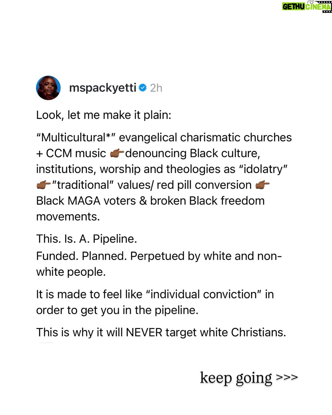 Brittany Packnett - 11K Likes - i may tell you a joke, but if you swipe you see I’ll never tell you a lie.

and i brought receipts. 

I promise y’all im not trying to stay on one person/genre/folks’ heads. I promise you I’m telling y’all what He told me to say. And I’m not the only one saying it. 

Our spiritual and communal fortification is ESSENTIAL to our survival, *especially* now!

If you are looking for a church home that understands the just theology of a true and living Christ and does not worship at the altar of white supremacy and a Christian nationalism, see: 

DMV: @mtennonbaptist & @iamdelmancoates 
Chicago: @otismossiii & @trinitychgo 
Dallas: @fhunscripted & @friendshipwest 
NYC & LA: @mikewalrond & @fcbcnyc 
ATL: @neichelleg & @spelmansisterschapel
Houston: @wheeleravenuebc 
ATL: @jamalhbryant & @newbirthmbc 
DMV: @pastorhjw & @alfredstreetbc 
DMV: @metropolitanamec 
Upstate NY: @sellisonjones & @starbethbc 
Baltimore: @melechthomas & @paynememorial 
NYC: @greentherev & @greaterallencathedral 
ATL: @drkiaconerway & @wemakewells 

And list yours in the comments!!! 

I love y’all. Let’s go get free.