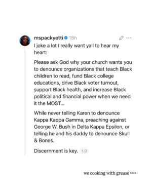 Brittany Packnett Instagram - i may tell you a joke, but if you swipe you see I’ll never tell you a lie.

and i brought receipts. 

I promise y’all im not trying to stay on one person/genre/folks’ heads. I promise you I’m telling y’all what He told me to say. And I’m not the only one saying it. 

Our spiritual and communal fortification is ESSENTIAL to our survival, *especially* now!

If you are looking for a church home that understands the just theology of a true and living Christ and does not worship at the altar of white supremacy and a Christian nationalism, see: 

DMV: @mtennonbaptist & @iamdelmancoates 
Chicago: @otismossiii & @trinitychgo 
Dallas: @fhunscripted & @friendshipwest 
NYC & LA: @mikewalrond & @fcbcnyc 
ATL: @neichelleg & @spelmansisterschapel
Houston: @wheeleravenuebc 
ATL: @jamalhbryant & @newbirthmbc 
DMV: @pastorhjw & @alfredstreetbc 
DMV: @metropolitanamec 
Upstate NY: @sellisonjones & @starbethbc 
Baltimore: @melechthomas & @paynememorial 
NYC: @greentherev & @greaterallencathedral 
ATL: @drkiaconerway & @wemakewells 

And list yours in the comments!!! 

I love y’all. Let’s go get free.