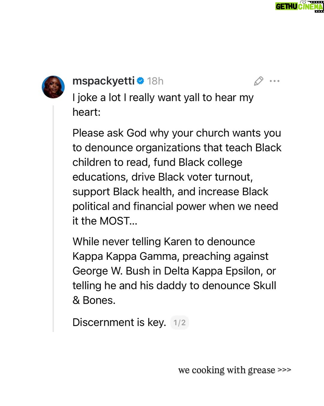 Brittany Packnett - 11K Likes - i may tell you a joke, but if you swipe you see I’ll never tell you a lie.

and i brought receipts. 

I promise y’all im not trying to stay on one person/genre/folks’ heads. I promise you I’m telling y’all what He told me to say. And I’m not the only one saying it. 

Our spiritual and communal fortification is ESSENTIAL to our survival, *especially* now!

If you are looking for a church home that understands the just theology of a true and living Christ and does not worship at the altar of white supremacy and a Christian nationalism, see: 

DMV: @mtennonbaptist & @iamdelmancoates 
Chicago: @otismossiii & @trinitychgo 
Dallas: @fhunscripted & @friendshipwest 
NYC & LA: @mikewalrond & @fcbcnyc 
ATL: @neichelleg & @spelmansisterschapel
Houston: @wheeleravenuebc 
ATL: @jamalhbryant & @newbirthmbc 
DMV: @pastorhjw & @alfredstreetbc 
DMV: @metropolitanamec 
Upstate NY: @sellisonjones & @starbethbc 
Baltimore: @melechthomas & @paynememorial 
NYC: @greentherev & @greaterallencathedral 
ATL: @drkiaconerway & @wemakewells 

And list yours in the comments!!! 

I love y’all. Let’s go get free.