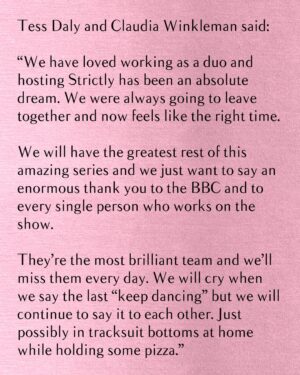 Claudia Winkleman Instagram - Tess and Claudia, you’ll always be our favourite couple ❤️ Thank you for being our incredible hosts. All our love, your #Strictly family ✨